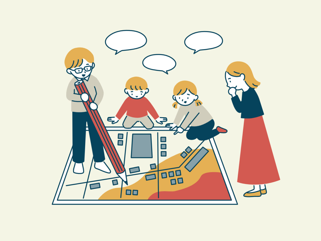 水災リスクを調べるためにハザードマップを見る家族のイラスト