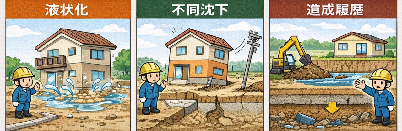 液状化・不同沈下・造成履歴など地盤リスクの説明図