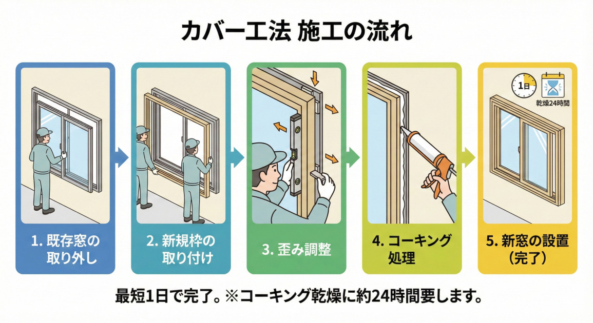 カバー工法の施工手順（既存枠の上から新枠を被せる様子）