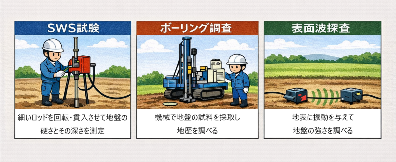 戸建て住宅の地盤調査の種類と特徴をまとめた図