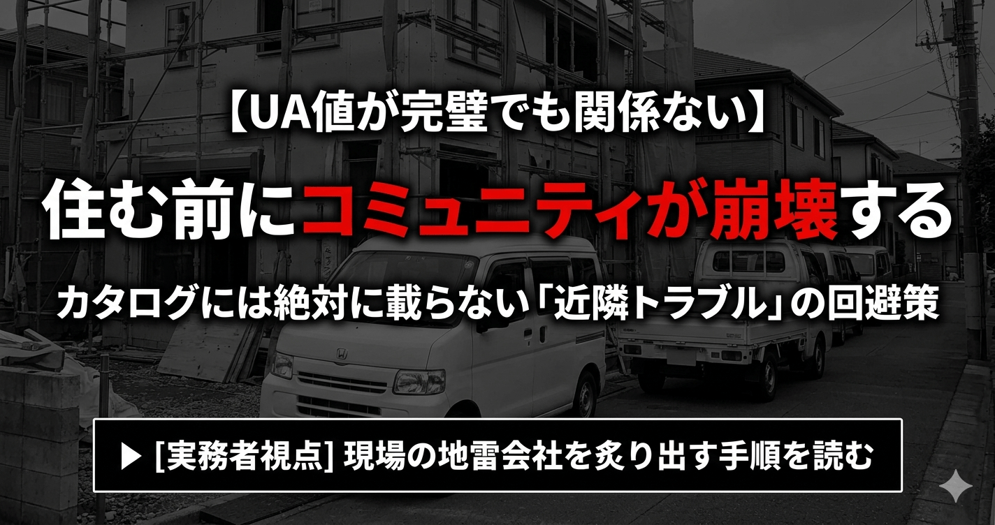 UA値が完璧でも関係ない、住む前にコミュニティが崩壊する。カタログに載らない近隣トラブルの回避策と地雷会社を炙り出す手順を解説する記事への誘導バナー