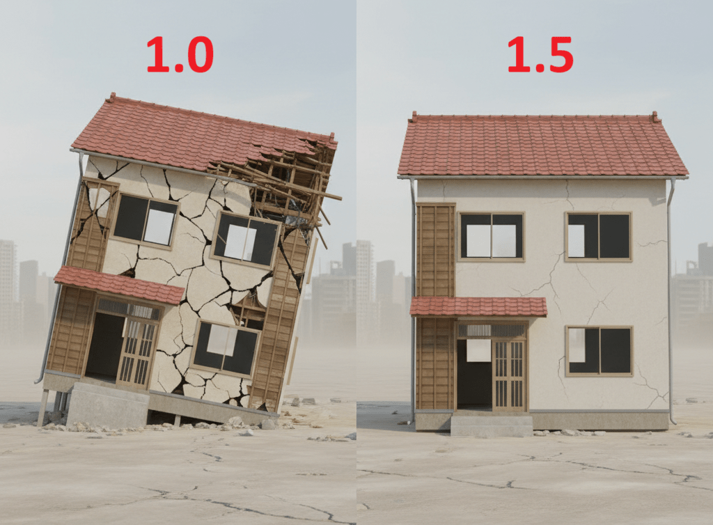 1.0の家は傾き、1.5の家はそのまま立っているシミュレーション画像
