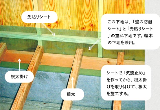 柱と梁の間に気流止め（断熱材や木材）を設置して冷気を遮断する様子