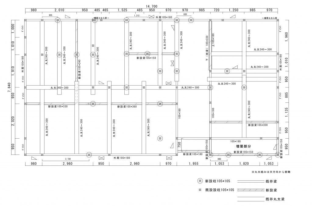木造住宅で筋交いを増設した耐震補強の施工図