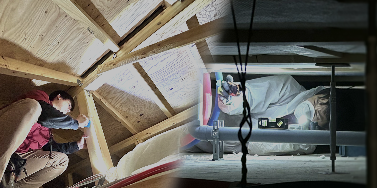 断熱リフォームの前にしっかりと現場調査を行う設計士の様子