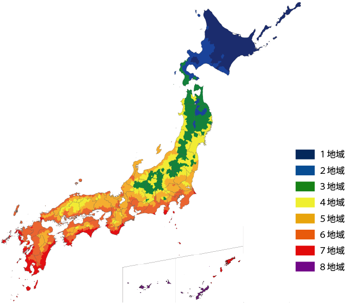 日本の断熱地域区分(1〜8地域)をまとめた地図