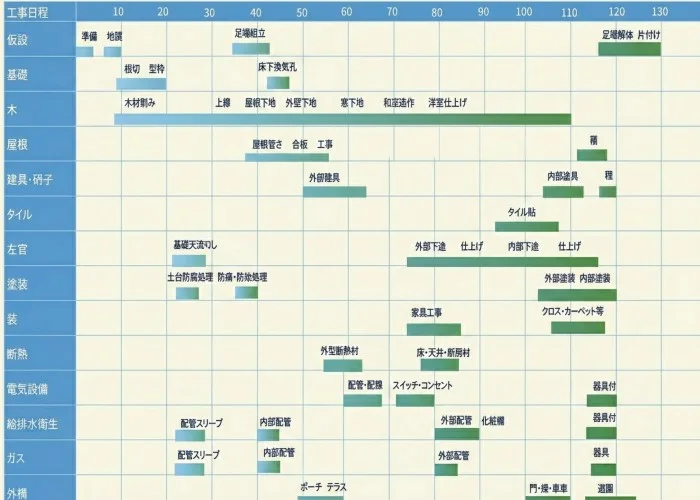 木造住宅の標準的な着工から完成までの工程表スケジュール図解（基礎・上棟・造作期間）